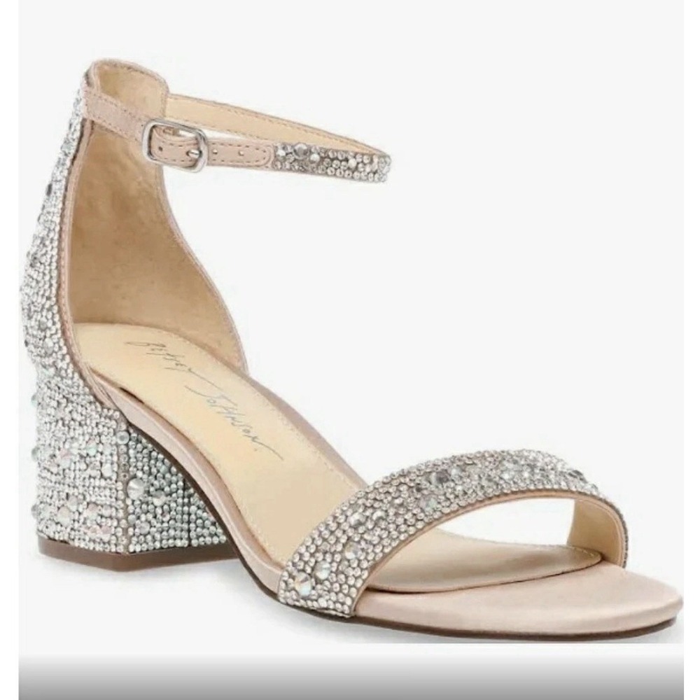 Embellished Block Heel Sandal in Blush with Silver Crystals
